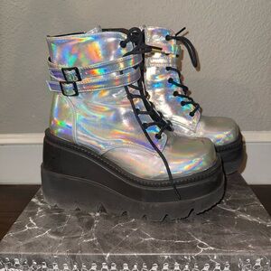 Silver holographic Demonia shaker-52 platform boots